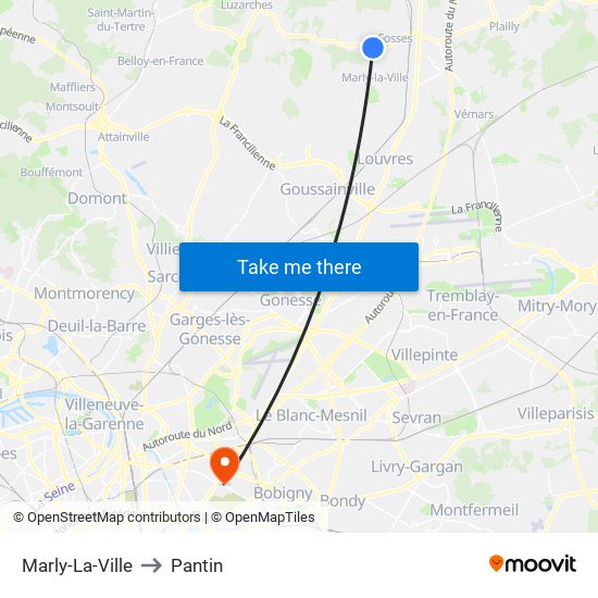 Marly-La-Ville to Pantin map