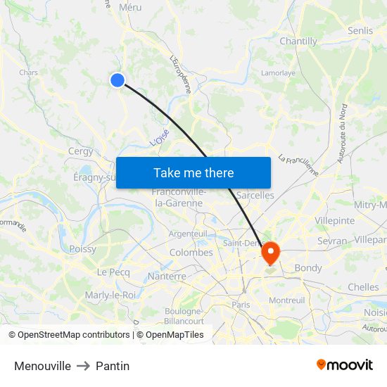 Menouville to Pantin map