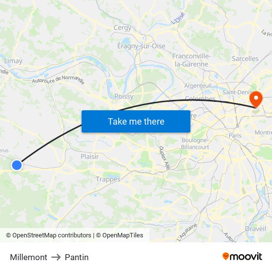 Millemont to Pantin map