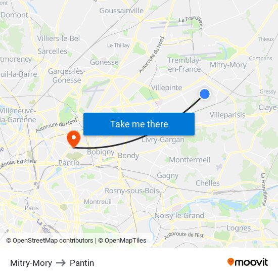 Mitry-Mory to Pantin map