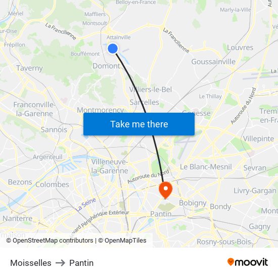 Moisselles to Pantin map