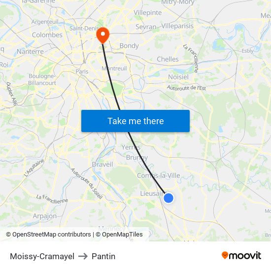 Moissy-Cramayel to Pantin map