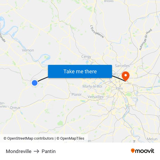 Mondreville to Pantin map