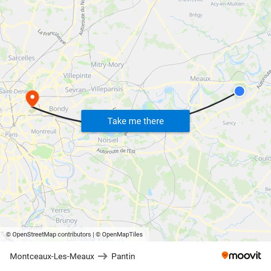 Montceaux-Les-Meaux to Pantin map