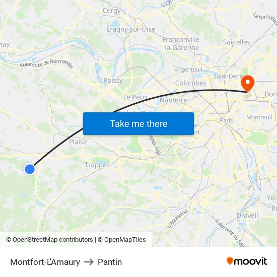 Montfort-L'Amaury to Pantin map