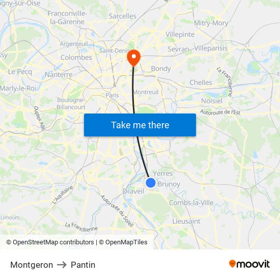 Montgeron to Pantin map