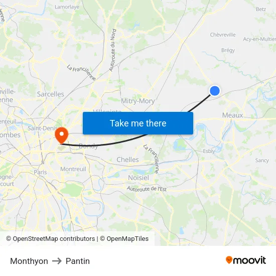 Monthyon to Pantin map