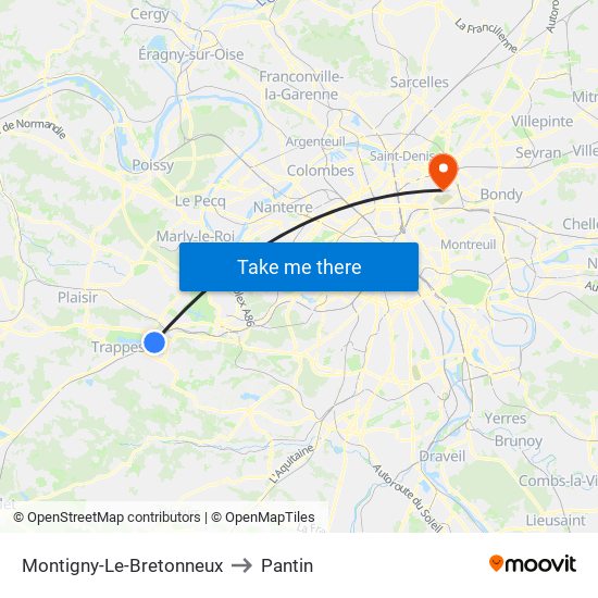 Montigny-Le-Bretonneux to Pantin map