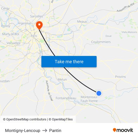 Montigny-Lencoup to Pantin map