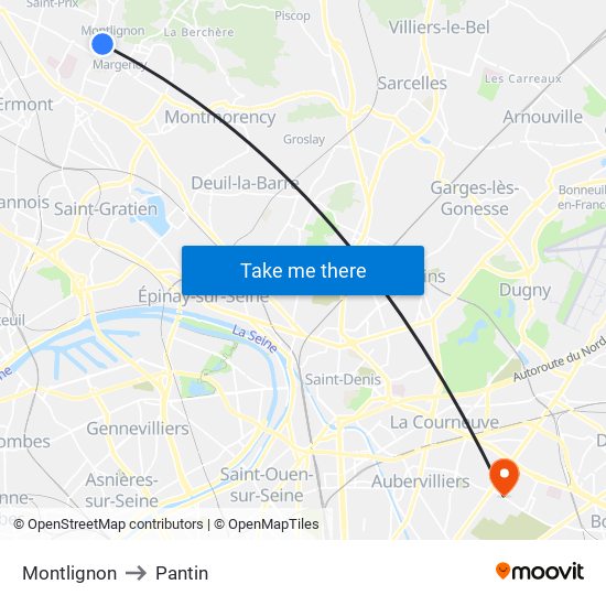 Montlignon to Pantin map