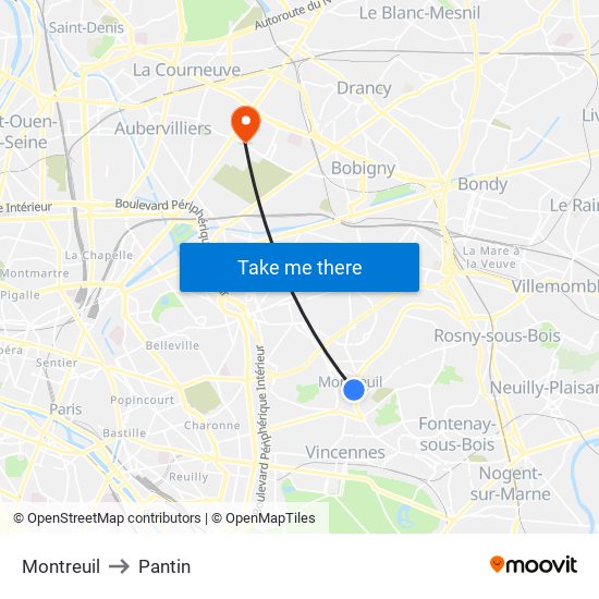 Montreuil to Pantin map