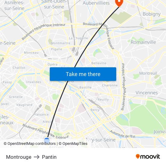 Montrouge to Pantin map