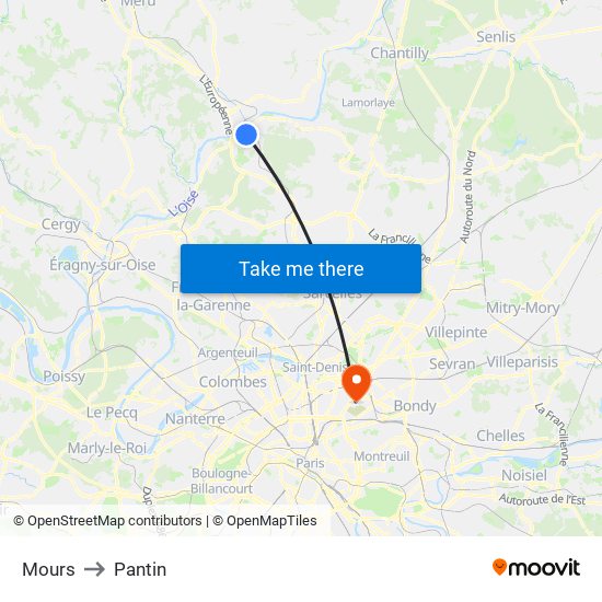 Mours to Pantin map