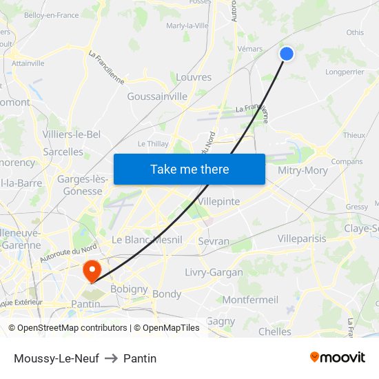 Moussy-Le-Neuf to Pantin map