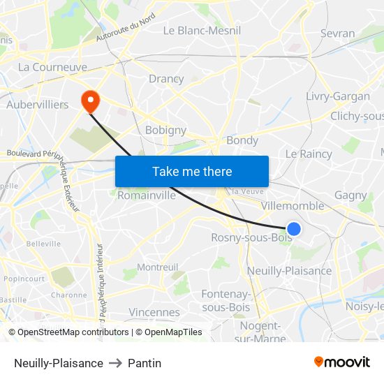 Neuilly-Plaisance to Pantin map