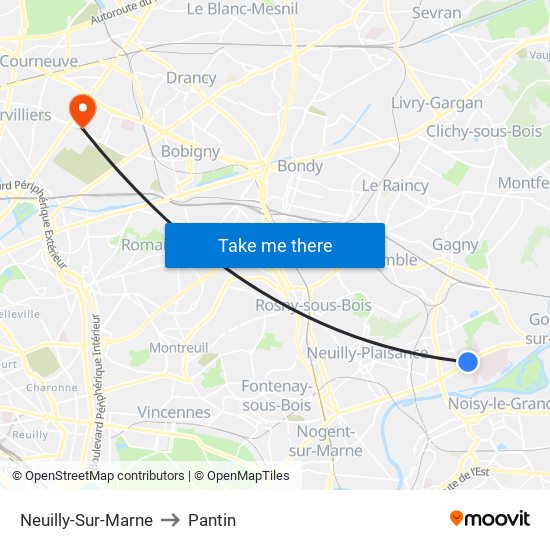 Neuilly-Sur-Marne to Pantin map