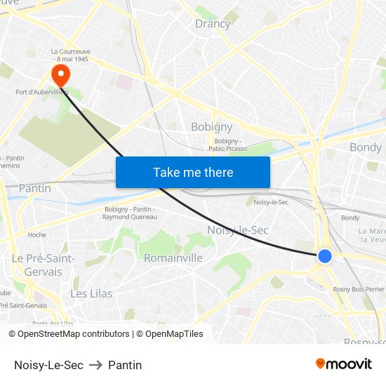 Noisy-Le-Sec to Pantin map