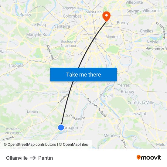 Ollainville to Pantin map