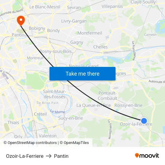 Ozoir-La-Ferriere to Pantin map