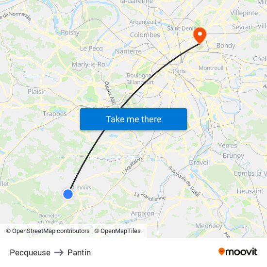 Pecqueuse to Pantin map