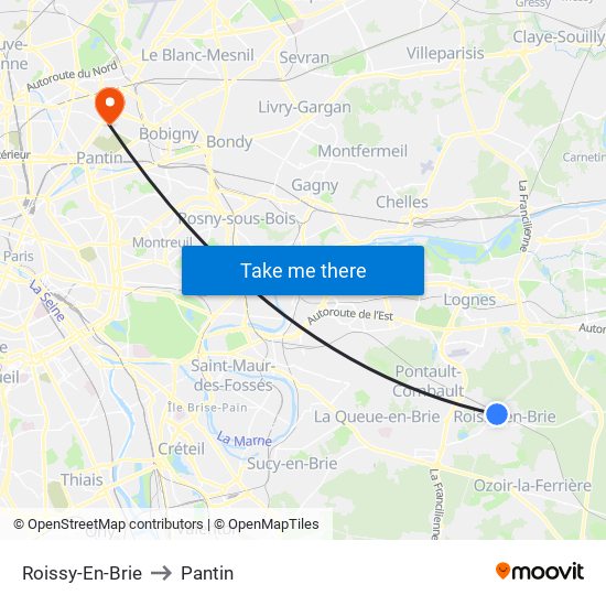 Roissy-En-Brie to Pantin map