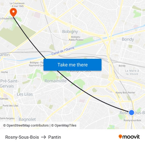 Rosny-Sous-Bois to Pantin map