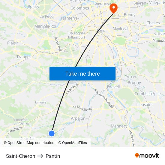 Saint-Cheron to Pantin map