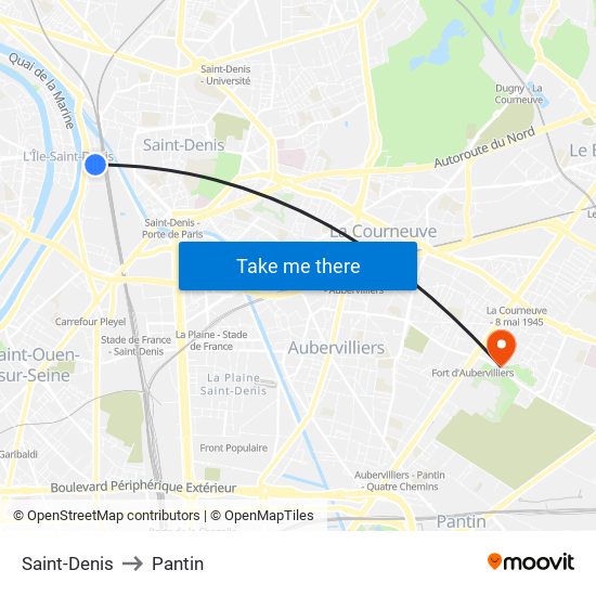 Saint-Denis to Pantin map