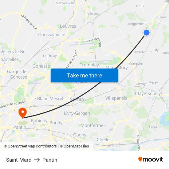 Saint-Mard to Pantin map