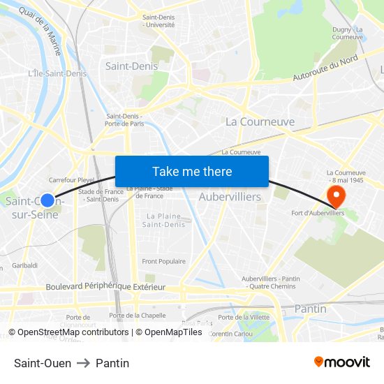 Saint-Ouen to Pantin map