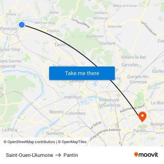 Saint-Ouen-L'Aumone to Pantin map