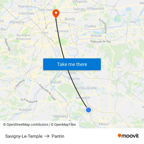 Savigny-Le-Temple to Pantin map