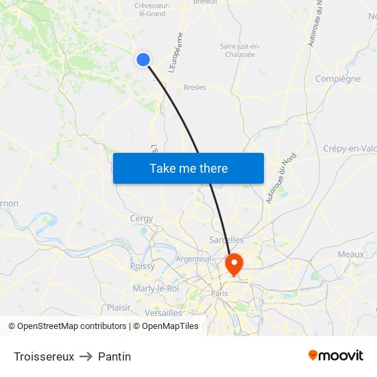 Troissereux to Pantin map