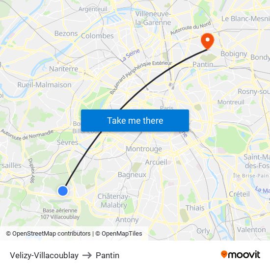Velizy-Villacoublay to Pantin map