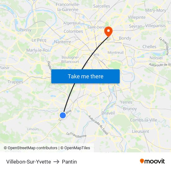Villebon-Sur-Yvette to Pantin map