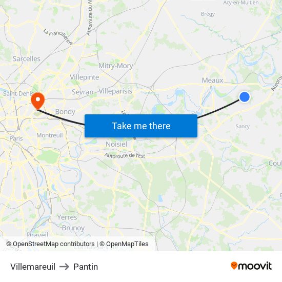 Villemareuil to Pantin map