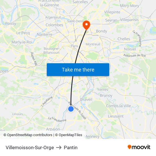 Villemoisson-Sur-Orge to Pantin map