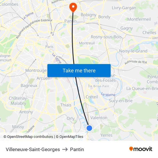 Villeneuve-Saint-Georges to Pantin map