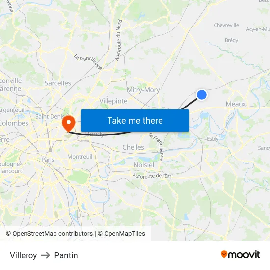 Villeroy to Pantin map