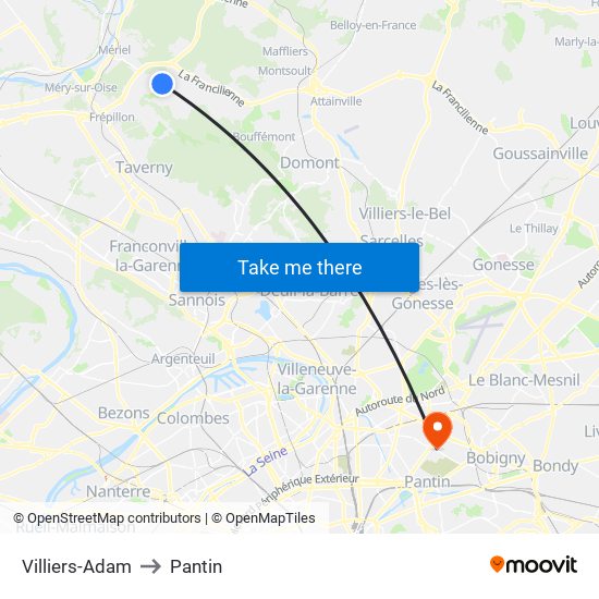 Villiers-Adam to Pantin map