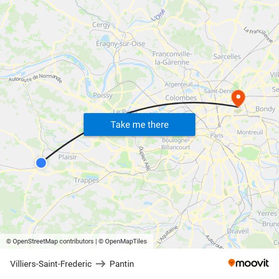 Villiers-Saint-Frederic to Pantin map
