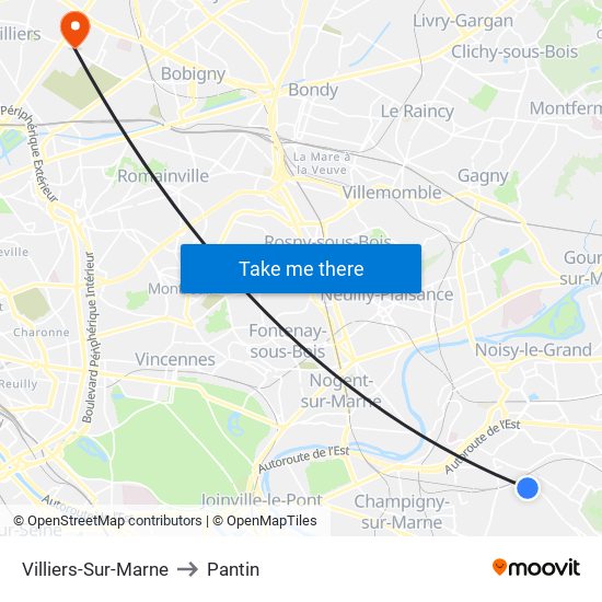 Villiers-Sur-Marne to Pantin map