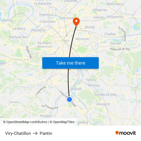Viry-Chatillon to Pantin map