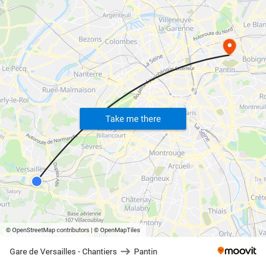 Gare de Versailles - Chantiers to Pantin map