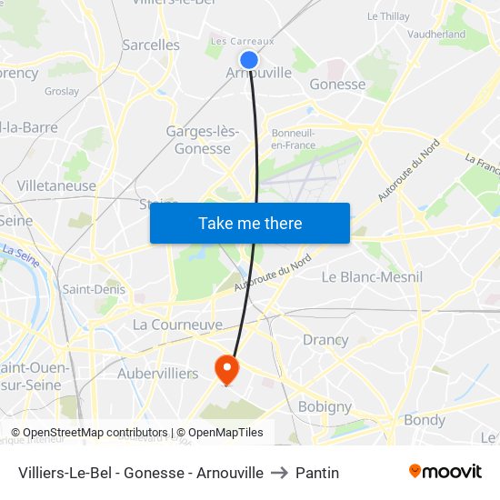 Villiers-Le-Bel - Gonesse - Arnouville to Pantin map