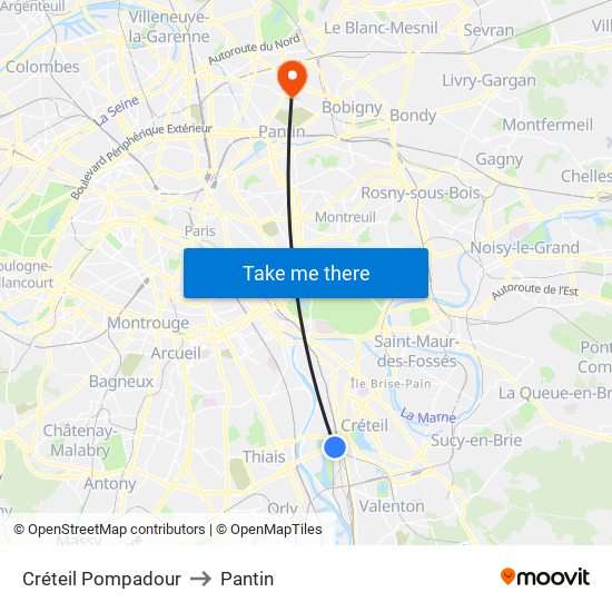 Créteil Pompadour to Pantin map