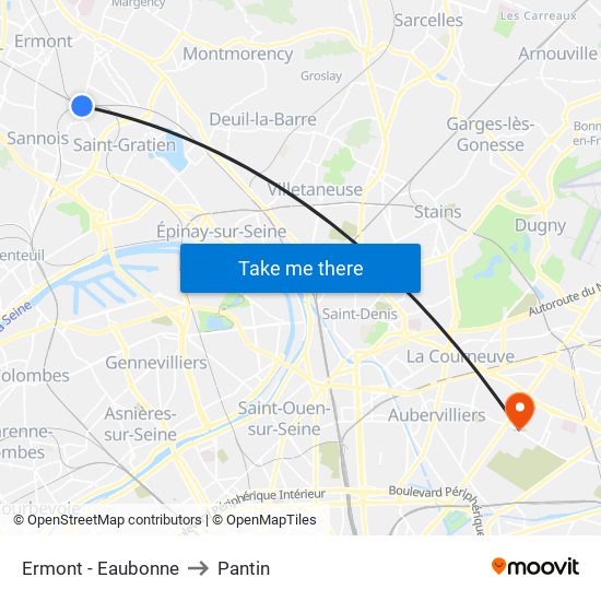 Ermont - Eaubonne to Pantin map