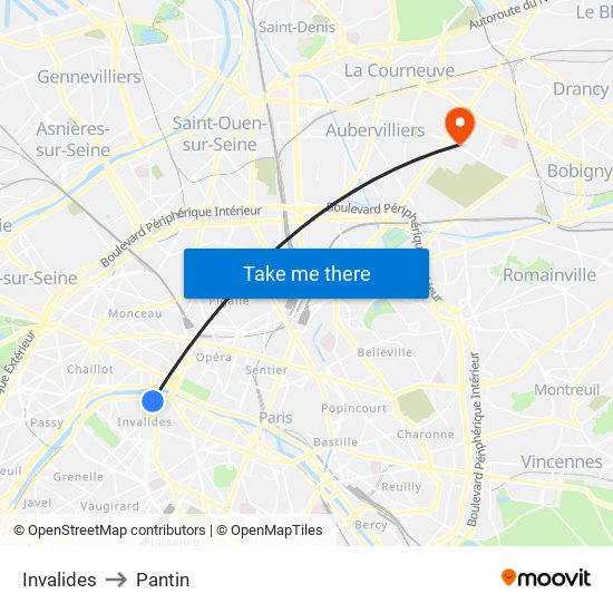 Invalides to Pantin map