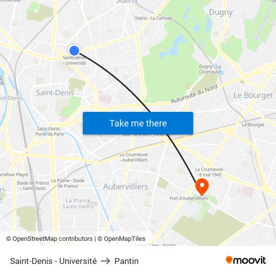 Saint-Denis - Université to Pantin map