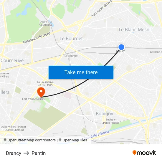 Drancy to Pantin map